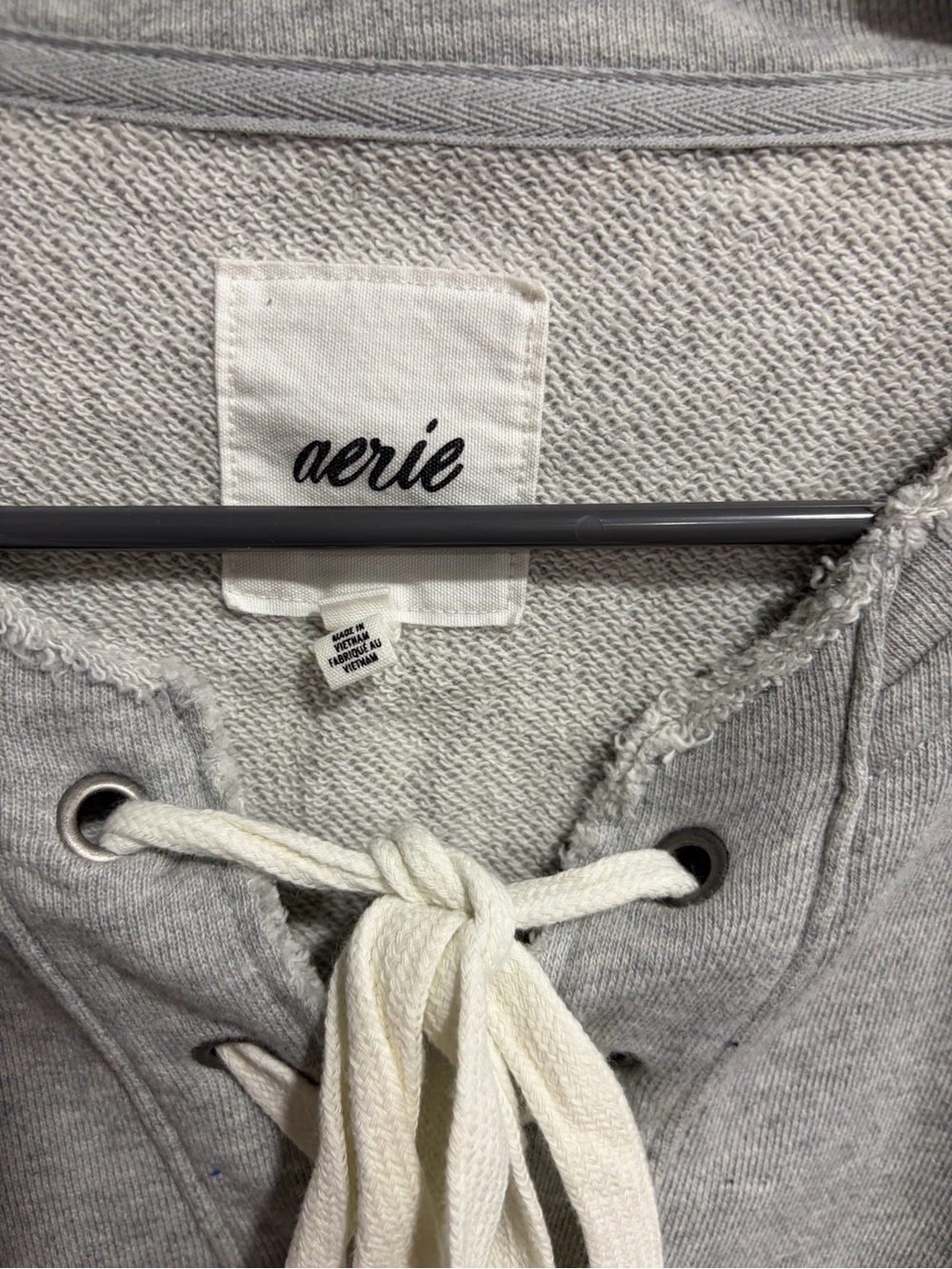 aerie Light Gray Lace-Up Pullover Hoodie OVERSIZED medium - Picture 2 of 2